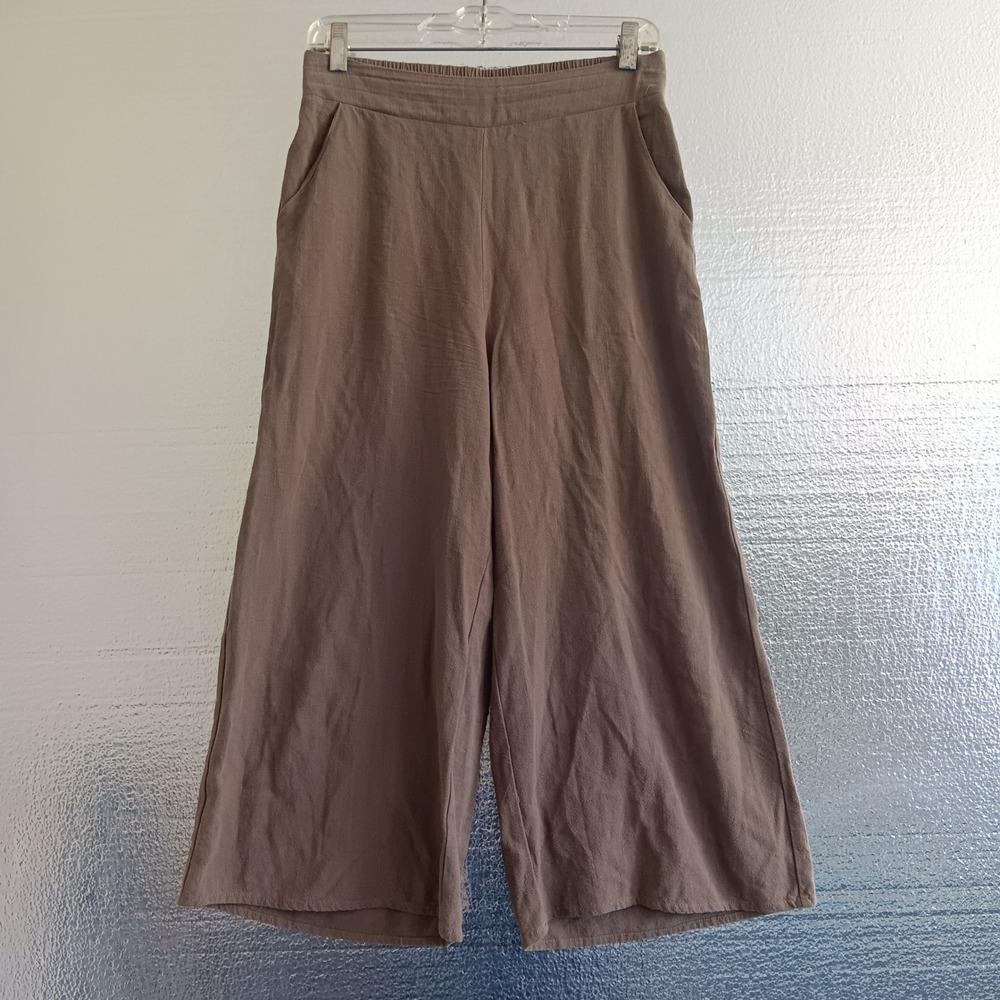 Anrabess Wide Leg Pants Womens Small Brown Linen Blend High Elastic Waist